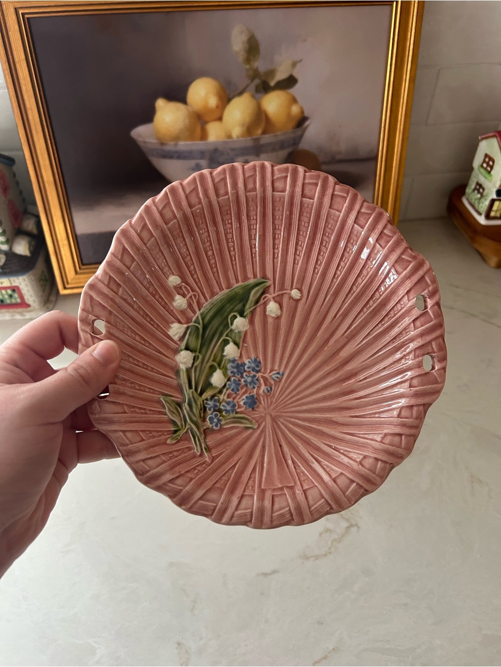 Antique SMF Schramberg Majolica Lily of the Valley Pink Bowl 4583